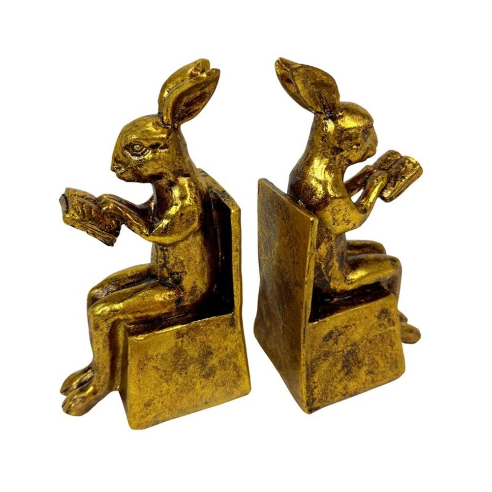 Antique Gold Rabbit Bookends Set of 2 Resin Bookworm Decor 6.75 Inch